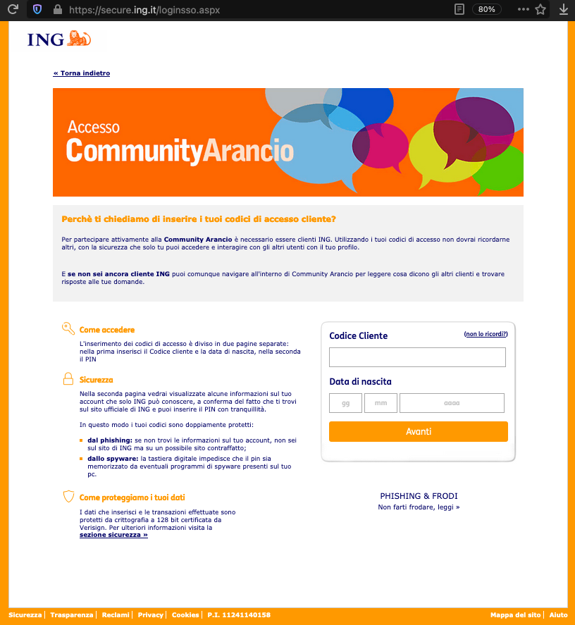 Real ING login page for Italian customers